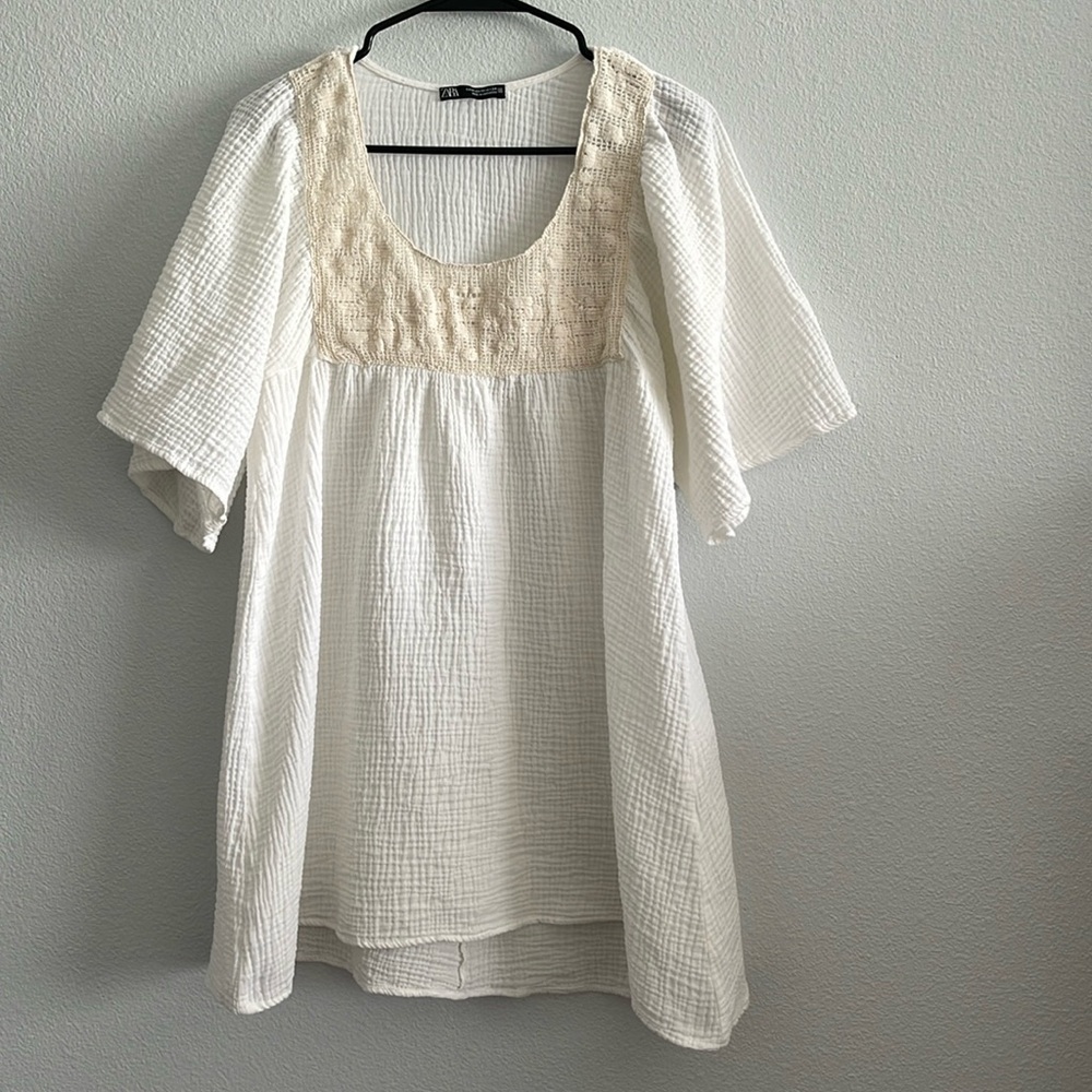 Zara Women’s XS Crochet Lace Short Sleeve Ivory Gauze Tunic Boho Top - Picture 3 of 6